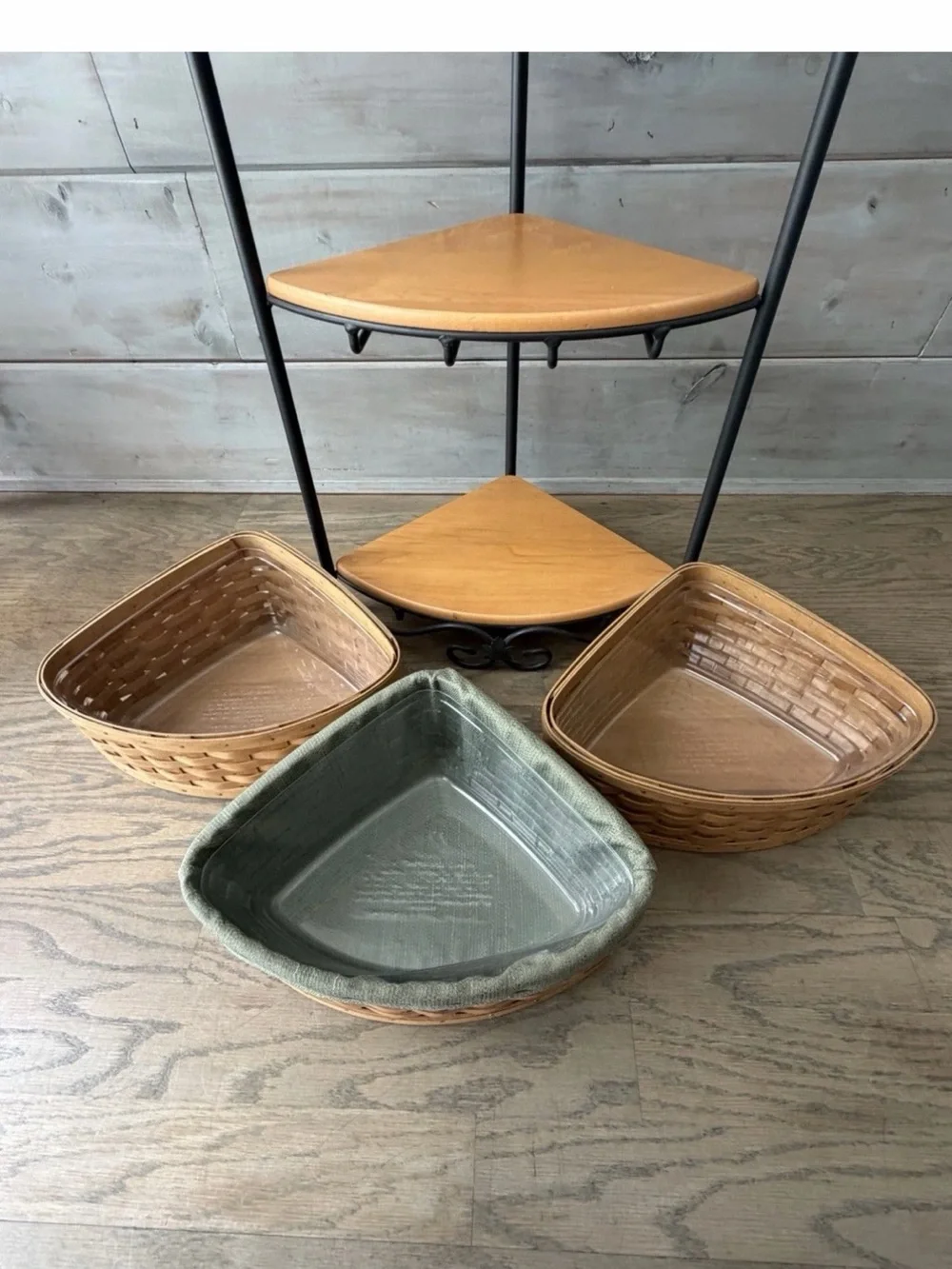 Longaberger Wrought Iron Large Corner Rack Stand & 4 woodcrafts shelves & Basket